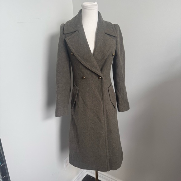 Club Monaco Wool Blend Military Coat | Olive Brown Tailored Longline Jacket XS - Picture 6 of 11